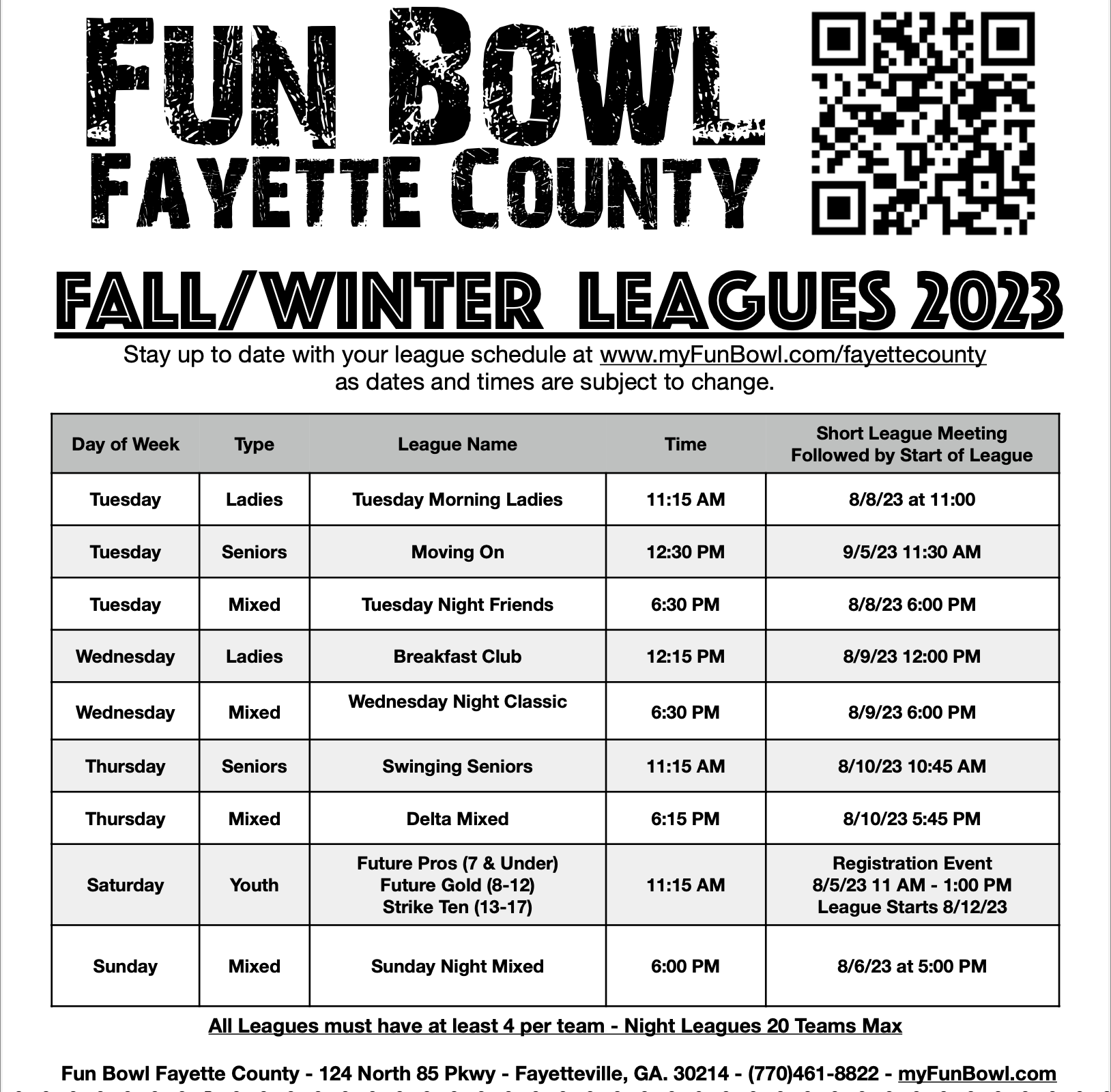 2022 Fun Bowl Fayette County League Schedule