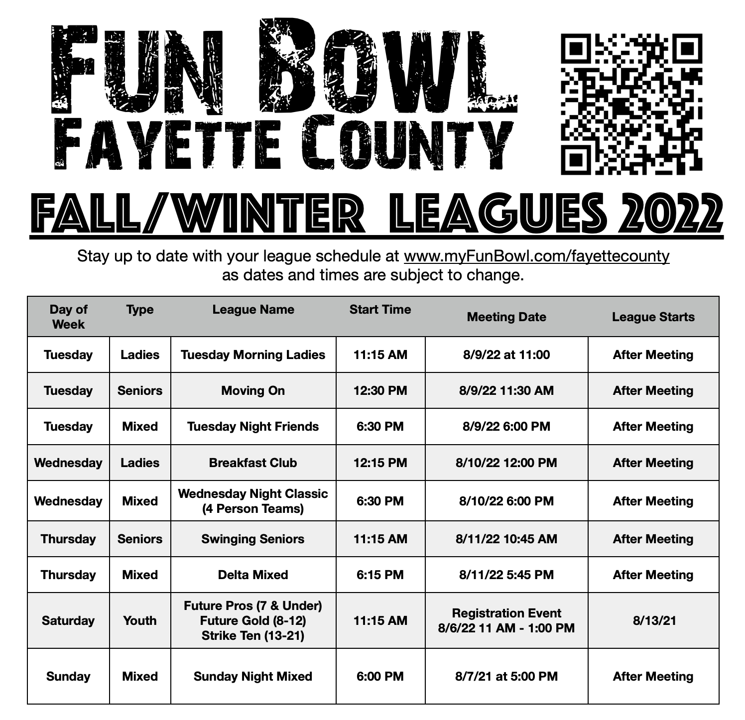 2022 Fun Bowl Fayette County Fall League Schedule