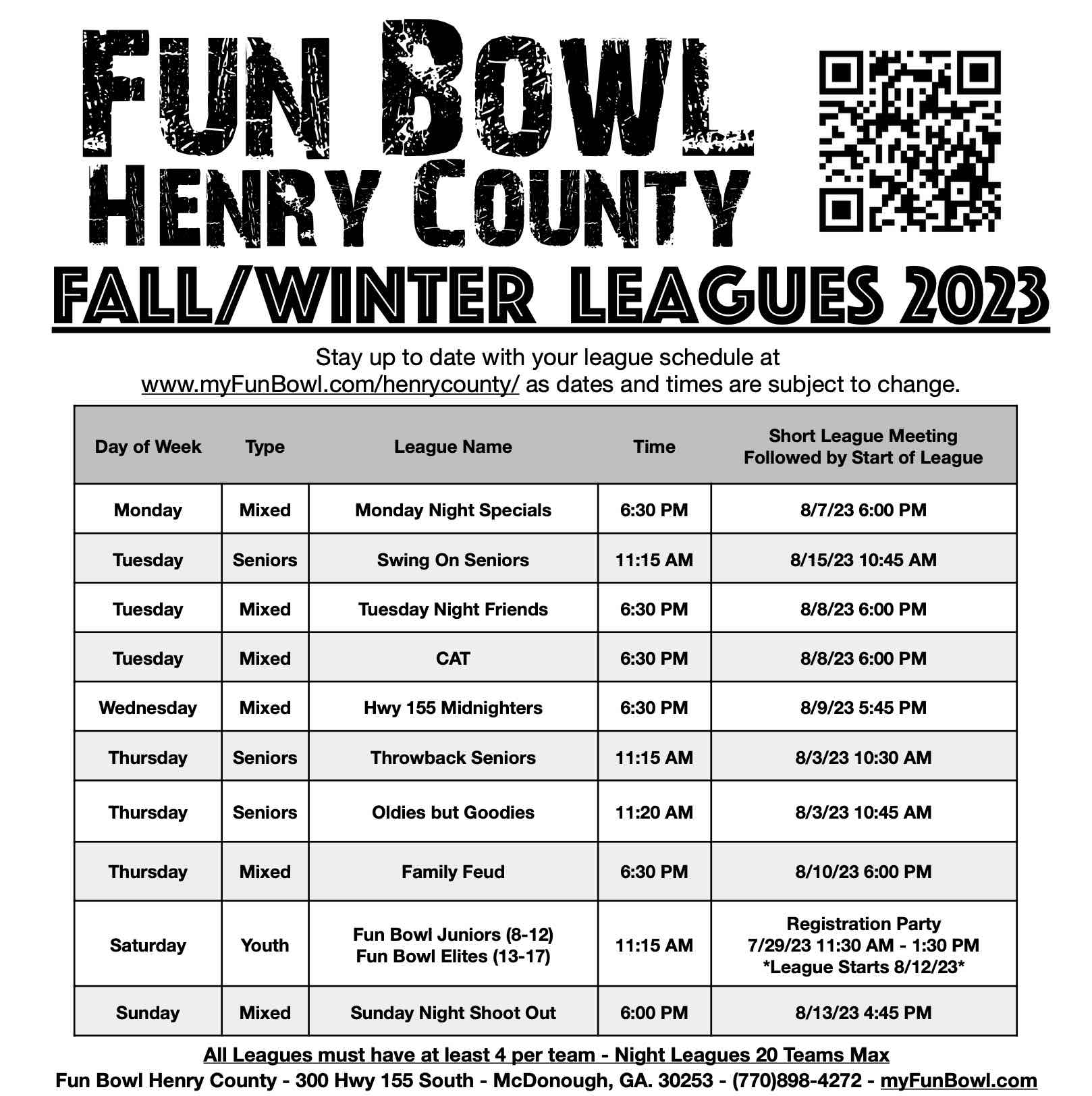 Fun Bowl Henry County League Schedule