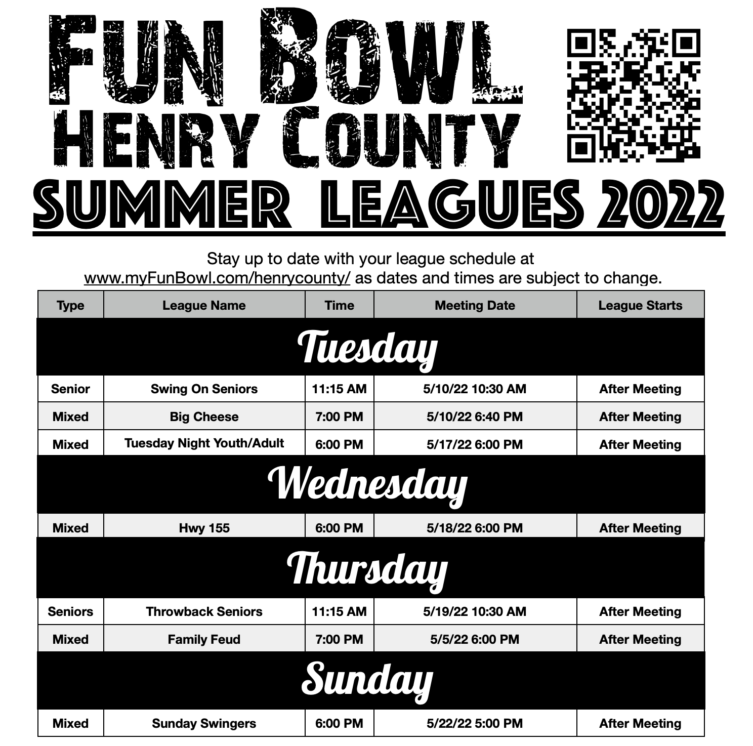 Fun Bowl Henry County Summer League Schedule