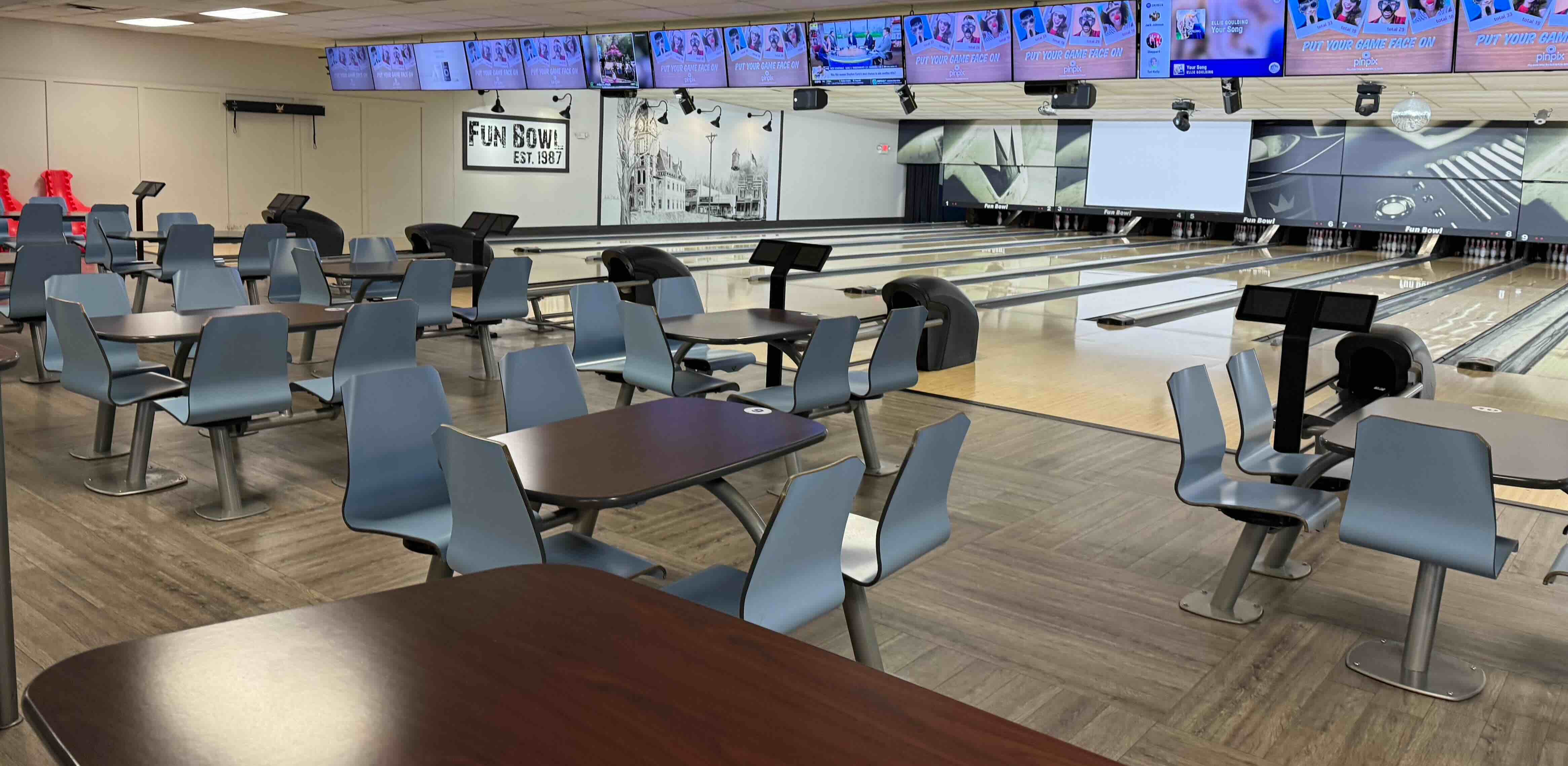 Bowling lanes and seating at Fun Bowl Fayette County